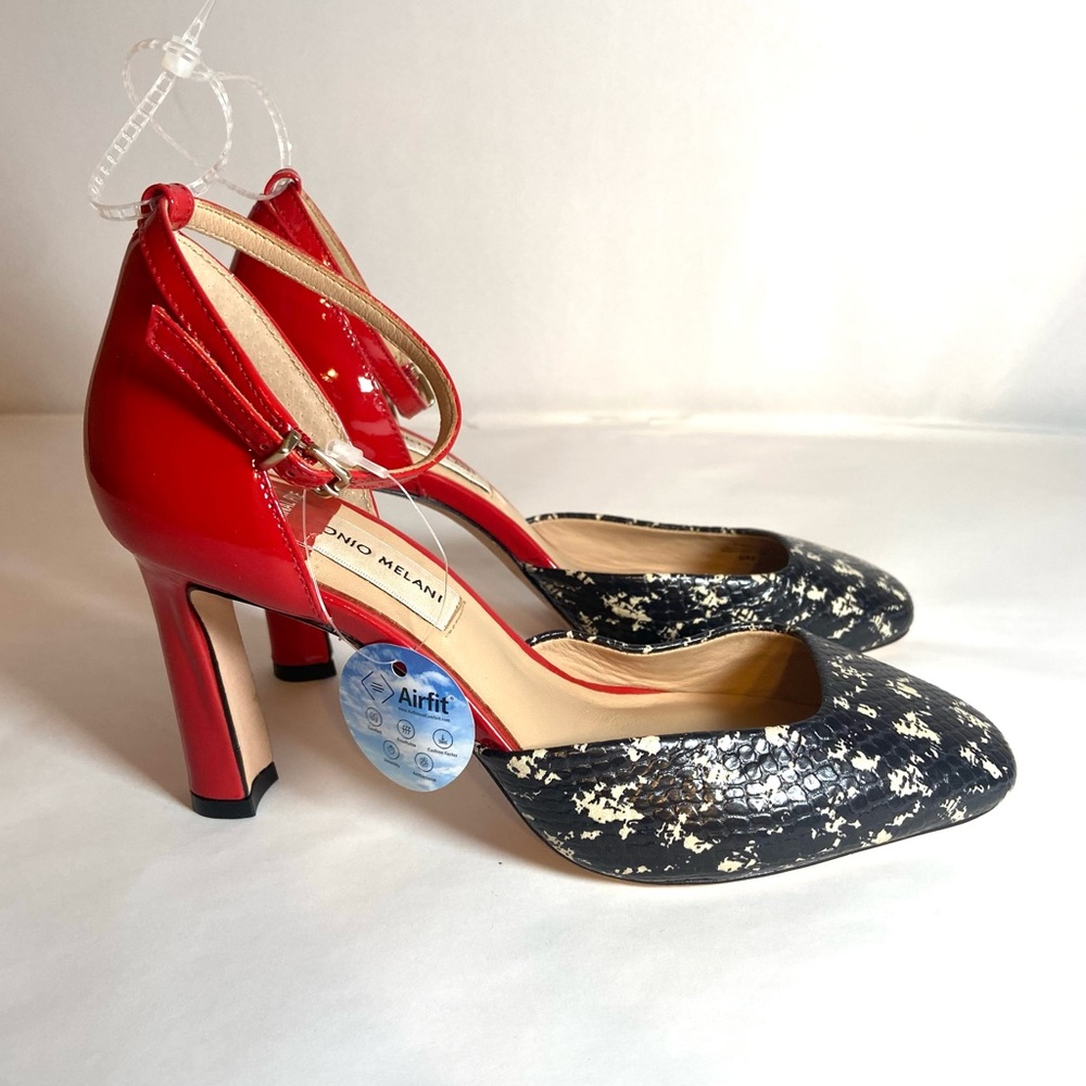 ANTONIO MELANI Red and Black/White Patterned Ankle-Strap Heels - Picture 2 of 10